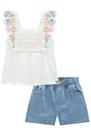 Conjunto Infantil Blusa Bata em Polylin Alça Babados Flores e Shorts em Jeans Bellini Floral by Infanti Conjunto Infantil Blusa Bata em Polylin Alça Babados Flores e Shorts em Jeans Bellini Floral by Infanti