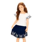 Conjunto Infantil Blusa Bata Tricoline Branco e Saia Linho Azul Marinho Milon