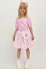 Conjunto Infantil Blusa Boxy Canelado Laço e Saia c/Shorts Embutido em Super Cetim Quadriculado c/Bolsa Barbie - Infanti