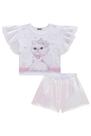 Conjunto Infantil Blusa Boxy em Cotton Gatinha Fofa e Shorts em Paetê Furta-cor - Festas Kukiê Conjunto Infantil Blusa Boxy em Cotton Gatinha Fofa e Shorts em Paetê Furta-cor - Festas Kukiê