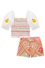 Conjunto Infantil Blusa Boxy em Cotton Linho Laranja Crochê e Short em Malha Fresh Fruit Alecrim by Kukiê