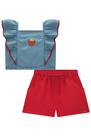 Conjunto Infantil Blusa Cropped em Jeans Liz Moranguinho em Crochê e Shorts em Air Flow Textura Festas- Kukiê