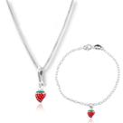 Conjunto Infantil Colar Pingente Pulseira Morango Prata Pura