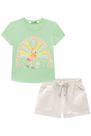 Conjunto Infantil de Blusa em Canelado Flamingo c/Aplique de Lantejoulas e Shorts em Sarja - kukiê