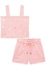 Conjunto Infantil em Malha Canelada Blusa Cropped com Aplique de Pérolas e Paetês e Shorts com Bolso - Infanti -
