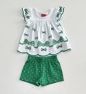 Conjunto Infantil Feminino Blusa Branca Estampada Laços Verdes com Babados e Shorts Verde Poá Algodão Confortável Moda K