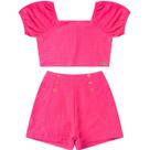 Conjunto infantil feminino chic blusa cropped + shorts laise com forro cor pink tamanho 4 ao 10