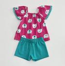 Conjunto Infantil Feminino Kyly Blusa Rosa Ursinhos Manga com Pompons Shorts Verde Menina Moda Kids Verão Conforto