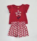 Conjunto Infantil Feminino Kyly Blusa Vermelha Flor com Shorts Vermelho Estampado Flores Natal Moda Menina Conforto Esti