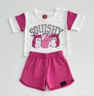 Conjunto Infantil Feminino Kyly Branco Rosa Squishy Squad Blusa Estampada Shorts Menina Moda Kids