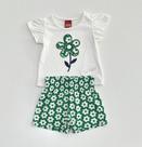 Conjunto Infantil Kyly Blusa Branca Flor com Shorts Verde Estampado Flores Natal Moda Menina Conforto Estilo