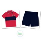 Conjunto Infantil Kyly Camisa Polo Algodão Bermuda Moletom Leve Vermelho/Marinho
