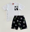Conjunto Infantil Kyly Camiseta Branca Estampa Coqueiro com Frase e Bermuda Preta Estampada Confortável Moda Kids Verão