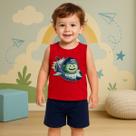 Conjunto Infantil Masculino Regata Vermelha Astronauta e Bermuda Azul-Marinho Sem Felpa KYLY 1001057