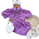 Conjunto infantil menina 2 peças Shorts saia cropet camisa botões gola