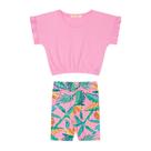 Conjunto Infantil Menina, Blusa Básica MM Rosa Bebê Com Elástico E Ciclista Rosa Flores