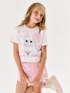 Conjunto Infantil Menina Blusa Boxy Gatinho E Short-Saia Natural E Rosa Cinti Conjunto Infantil Menina Blusa Boxy Gatinho E Short-Saia Natural E Rosa Cinti