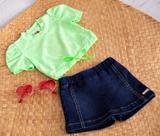 Conjunto Infantil Menina Blusa e Short Saia Jeans Aconchego Conjunto Infantil Menina Blusa e Short Saia Jeans Aconchego