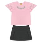 Conjunto Infantil Menina Blusa Manga Flare Shorts Saia Com Prega Rosa
