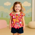Conjunto Infantil Menina Blusa Rosa Estampada e Short Azul Confortavel Sofisticado Kyly 1000995