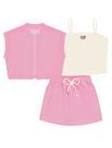 Conjunto Infantil Menina Blusa, Short-Saia E Colete Natural E Rosa Cinti