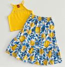 Conjunto Infantil Menina Kyly Blusa Amarela e Saia Floral Estampa Verão Passeio Infantil