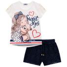Conjunto Infantil Menina Verão Blusa e Short em Renda 2 peças Menina e Urso Tam 1 a 12 -Branco Kukiê