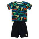 Conjunto Infantil Menino Camiseta Com Estampa De Jacaré E Bermuda Preta