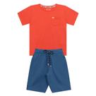 Conjunto Infantil Menino, Camiseta Flamê Coral e Bermuda Azul Oceano