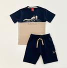 Conjunto Infantil Menino Kyly Camiseta Bege e Azul Estampa Moto e Bermuda Azul Marinho