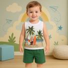 Conjunto Infantil Menino Verão Regata Praia com Prancha e Bermuda Verde Confortável KYLY 1001078