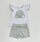Conjunto Infantil Milon Menina Blusa Bordada Pérolas Conchas Shorts Listrado Cinto Laço Estilo Casual Festa Moda Kids