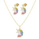 Conjunto Infantil Unicórnio Flores Resinado Folheado A Ouro 18K Antialérgico - CJPRICL01BP01