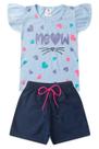 Conjunto Infantil Verão Menina Babado Meow - Azul Bebê