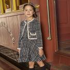 Conjunto Infantil Vestido e Casaco Tweed Preto, Branco e Fios Dourados Milon Tamanho:8 anos