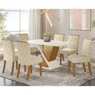 Conjunto Jantar Tampo Mdf Canto Reto Com Vidro 160 Cm 06 Cadeiras Indy Henn Nature Off White Linho