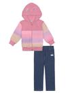 Conjunto Jaqueta Em Pelo E Calça Rosa E Azul Jeans Escuro Abrange