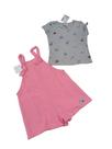 Conjunto Jardineira Rosa Neon, Blusa branco e preto.