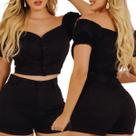 Conjunto Jeans Feminino Short Barra Dobrada Cintura Alta 2 Peças Standard Size 100% Algodão Premium Efeito Empina Bumbum