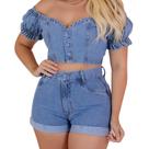 Conjunto Jeans Feminino Short e Cropped Jeans Modelo Sensação Conjunto Jeans Feminino Short e Cropped Jeans Modelo Sensação