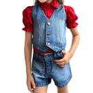 Conjunto Jeans Infantil Meninas Confortavel-Short+Camisa Social+Colete-Parque-Festas-Natal-Ano Novo-Livia-