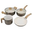 Conjunto Jogo 4 Panelas Antiaderente Gold Tampa de Vidro Indução Elétrico Gás Vitrocerâmico p/ Cozinha Dia das Mães Pais Aniversário Casamento