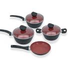 Conjunto Jogo 4 Panelas Antiaderente Preta Vermelha Tampa de Vidro Indução Elétrico Gás Vitrocerâmico Cozinha Dia das Mães Pais Aniversário Casamento