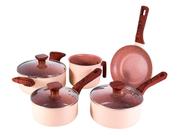 Conjunto Jogo 5 Panelas Caçarola Frigideira Leiteira Panela Grande Pequena Cozinha Rose Creme Multiuso Indução Versátil