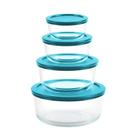Conjunto Jogo C/4 Potes de Vidro Refratário C/ Tampa Azul 236ml, 472ml, 944ml e 1652ml