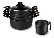 Conjunto Jogo Panelas Com Fervedor Antiaderente Teflon Preto Tampa de Vidro