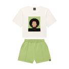 Conjunto Juvenil Lunender Cropped em Algodão e Shorts em Moletom - Off/Verde