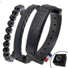 Conjunto KIT 03 Pulseiras de Couro Preto Oração PAI NOSSO com Pedras Naturais com Fecho Strap Plug Ajustável Conjunto KIT 03 Pulseiras de Couro Preto Oração PAI NOSSO com Pedras Naturais com Fecho Strap Plug Ajustável