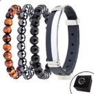 Conjunto KIT 04 Pulseiras de Couro Minimalista Branco Azul e Pedras Naturais e Fecho Strap Plug Ajustável