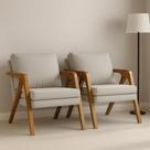 Conjunto Kit 2 Poltronas Mona Estofado Em Linho Decorativa Moderno Pés De Madeira Maciça Sala Estar Quarto Recepção